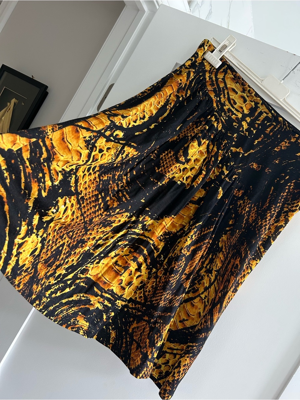 Roberto Cavalli Black and Yellow Abstract, animal Print A-Line Skirt.